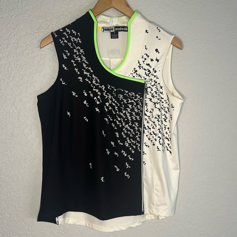 Jamie Sadock Golf Shirt Sleeveless Side Zip Black Cream Activewear Athletic